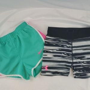 Girls active shorts BUNDLE OF 2 Nike Under Armour
